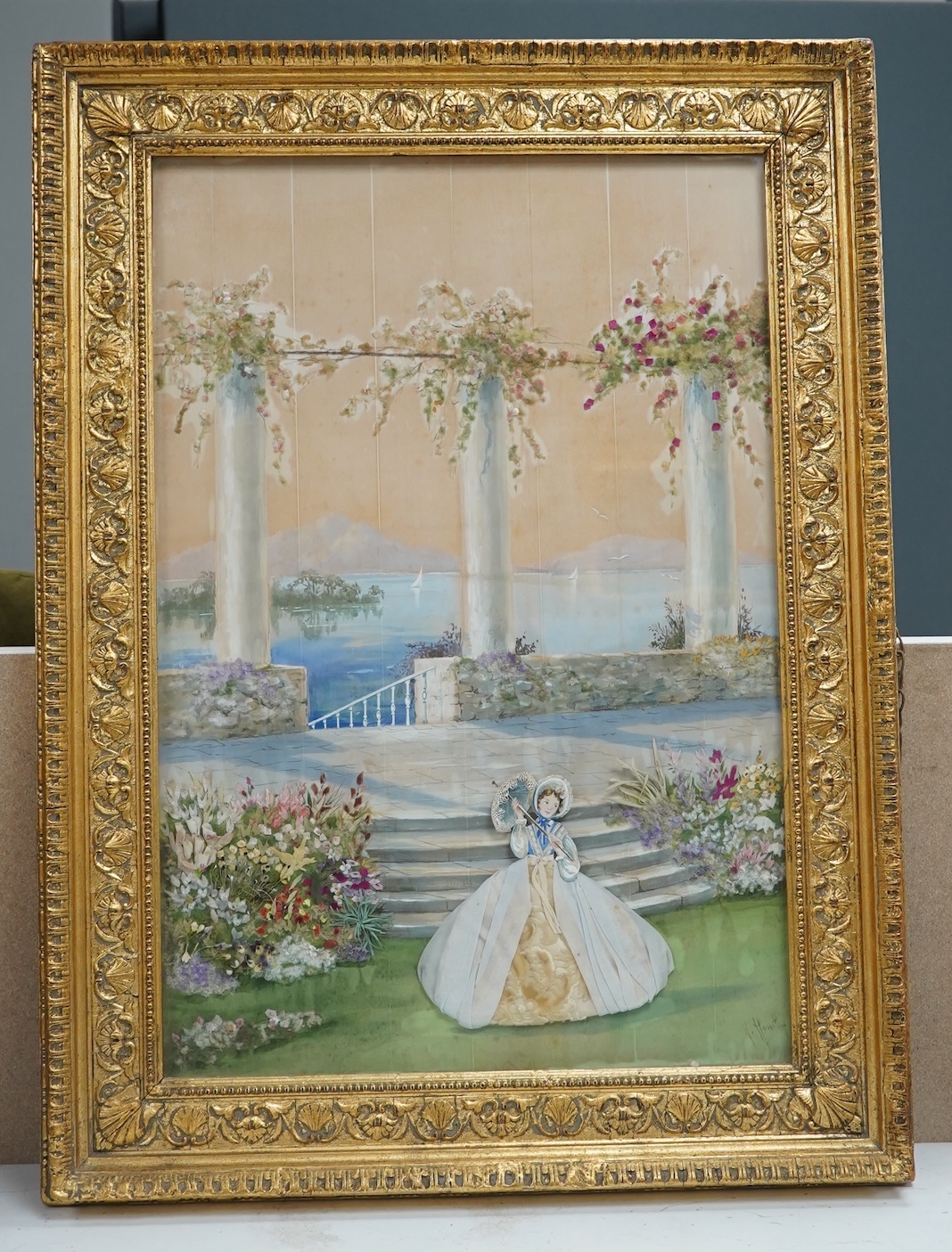 A mid 20th century, appliqué on silk 19th century lady walking in a classical garden by lake (possibly Italy), together with a silk embroidery “virtue and plenty are the off spring of temperance”, appliqué 38.5cm x 57cm.